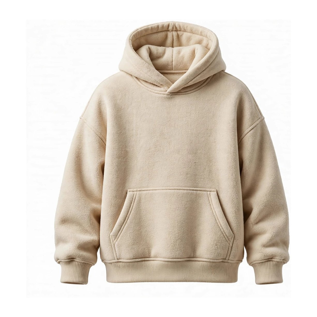 Studio product photo, front view of a plain unbranded black oversized heavy-fleece hoodie with kangaroo pocket, on a white background