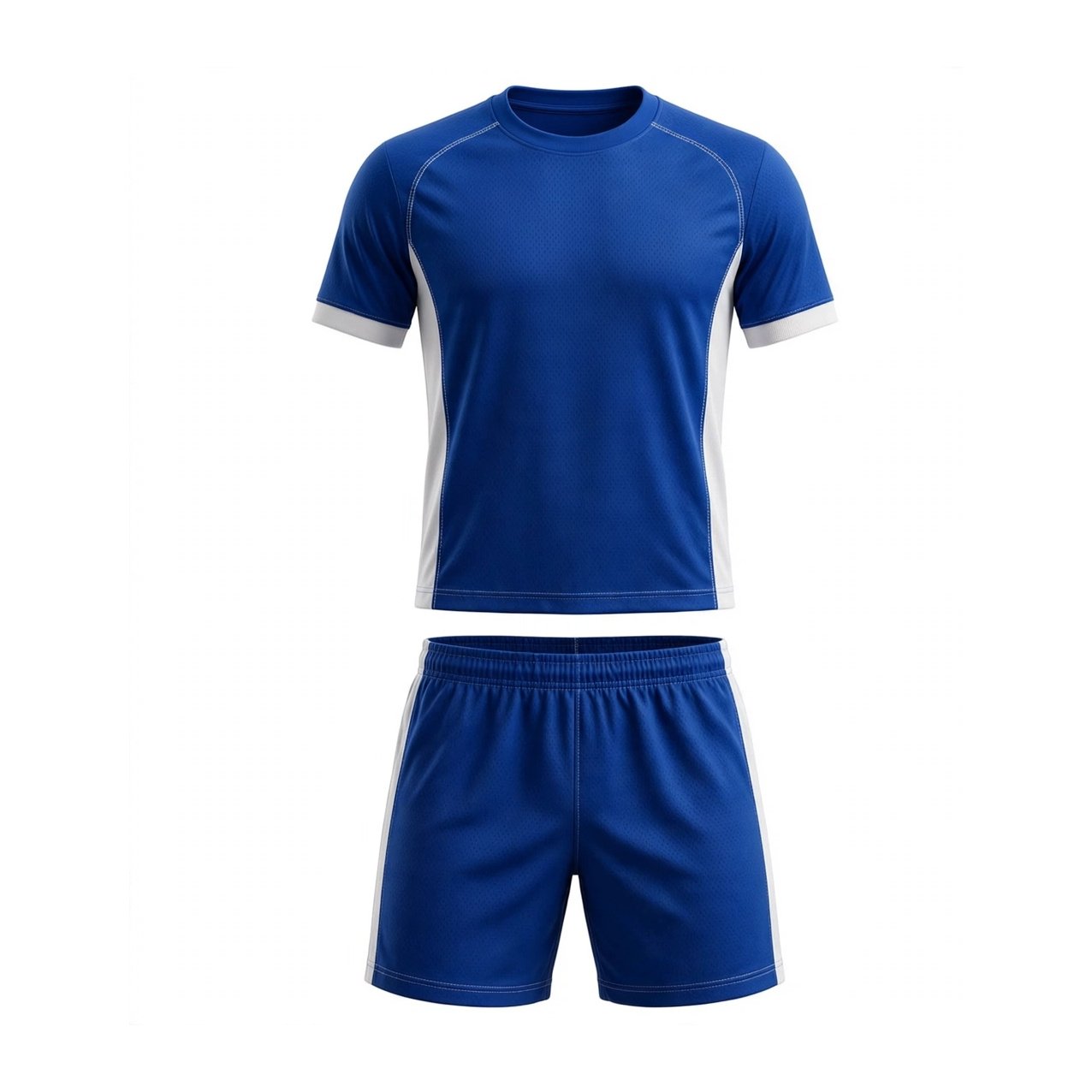 Studio product photo, front view of a plain unbranded soccer football kit — red jersey with black side panels and black shorts, on a white background