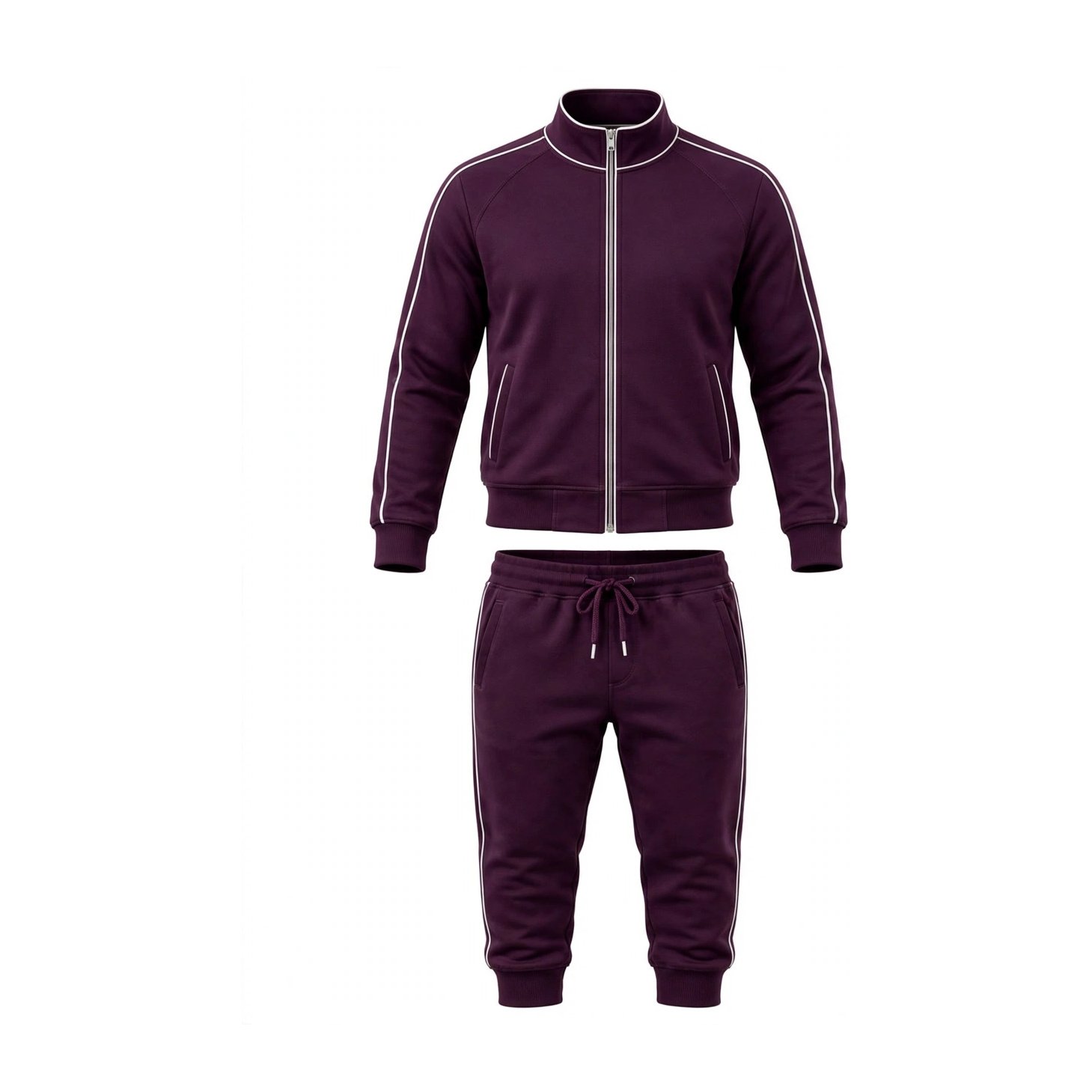 Studio product photo, front view of a plain unbranded tracksuit set — black zip jacket with red drawstrings and black jogger pants, on a white background