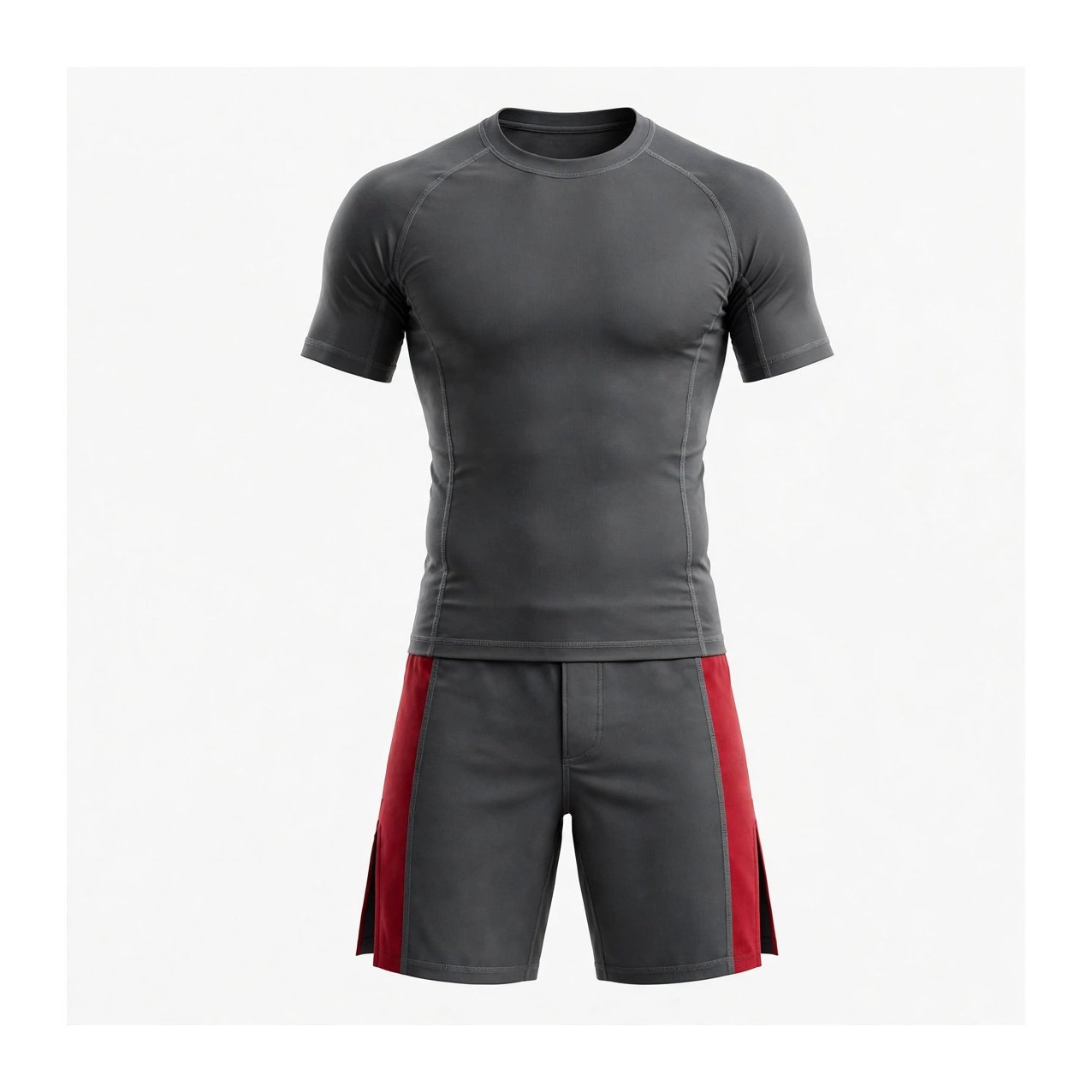 Studio product photo, front view of a plain unbranded MMA set — black short-sleeve compression top and black fight shorts, on a white background