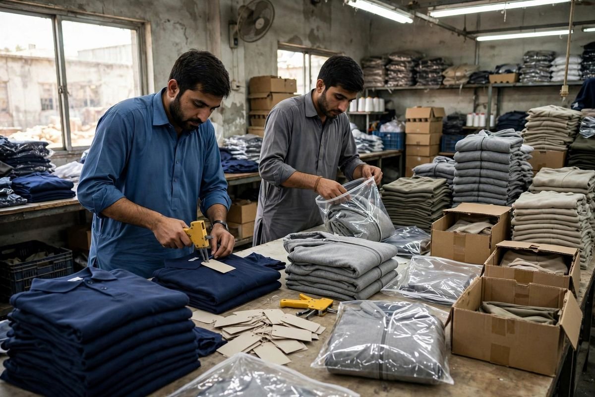 Workers in shalwar kameez attaching blank hang tags and packing folded garments into poly bags in the finishing section of our Sialkot factory