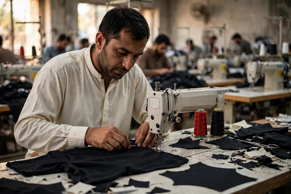 A machinist in shalwar kameez stitching a black garment on an industrial sewing machine, with more stitching lines behind him in our Sialkot factory