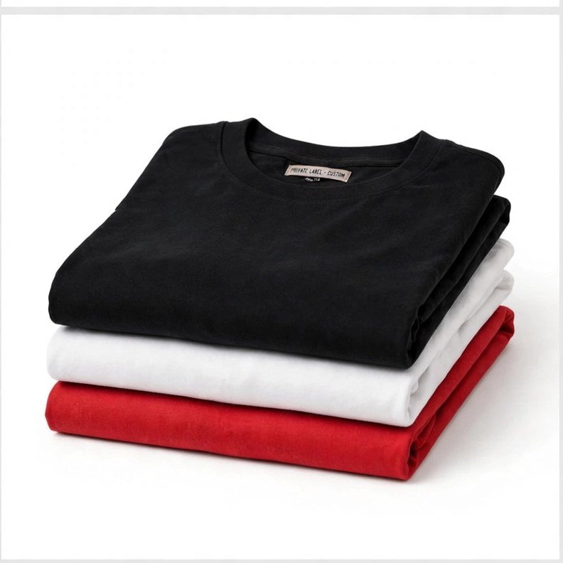 Studio product photo of a folded stack of plain cotton t-shirts in black, white and red with a private-label neck tag, on a white background